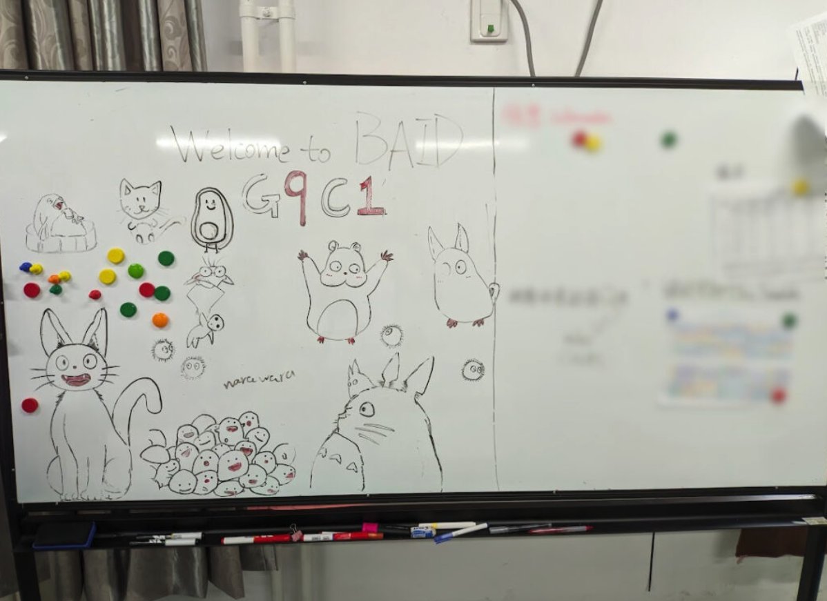 A whiteboard with the text "Welcome to BAID" and "G9C1" on it, along with drawings of anime characters.